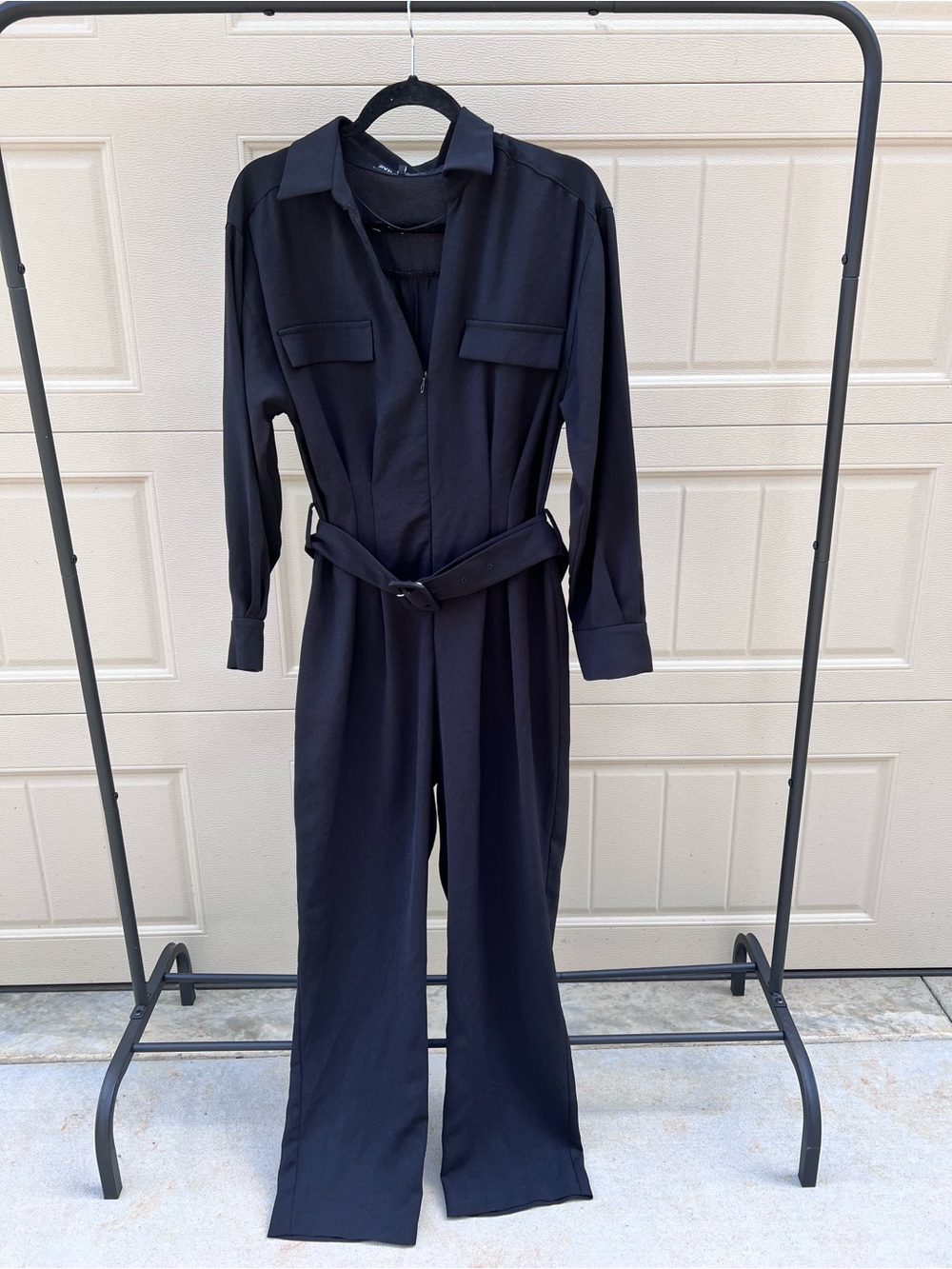 Classic Zara Black Long-Sleeve Belted Jumpsuit - Picture 2 of 9